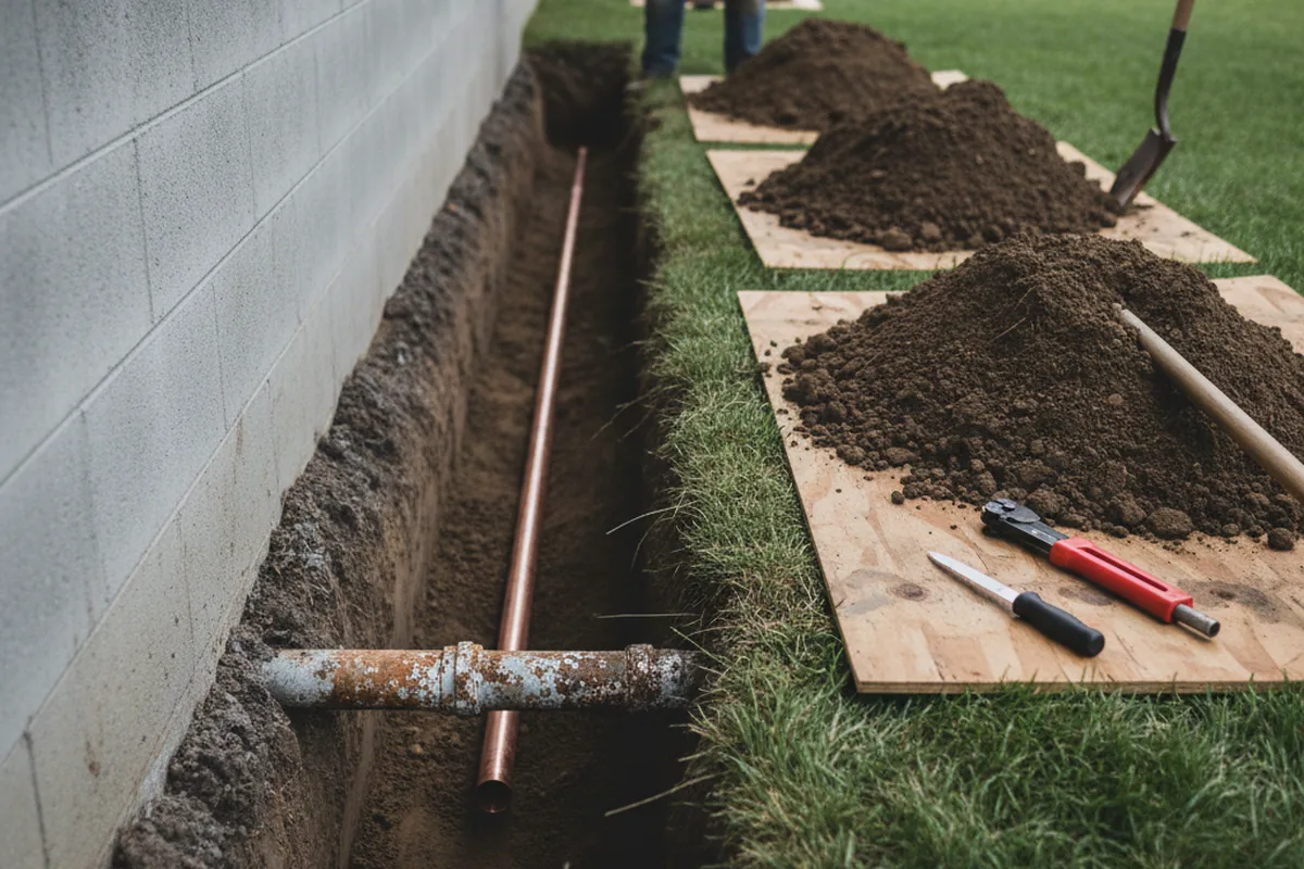 Excavated water line trench during Water Softener Installation in Great Falls